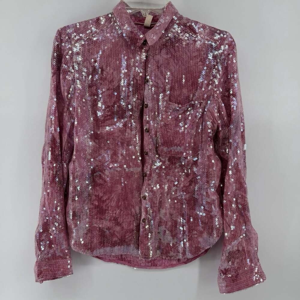 Anthropologie Pilcro Women's Shrunken Sequin Button Down Blouse Sz Small Pink